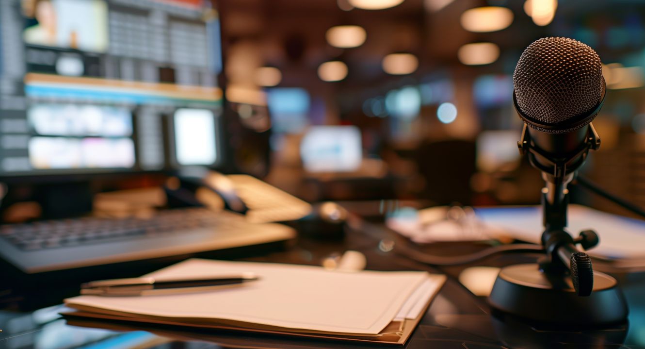Auf einem Tisch stehen ein Mikrofon und ein Computer. Daneben liegt ein Klemmbrett auf dem Tisch.